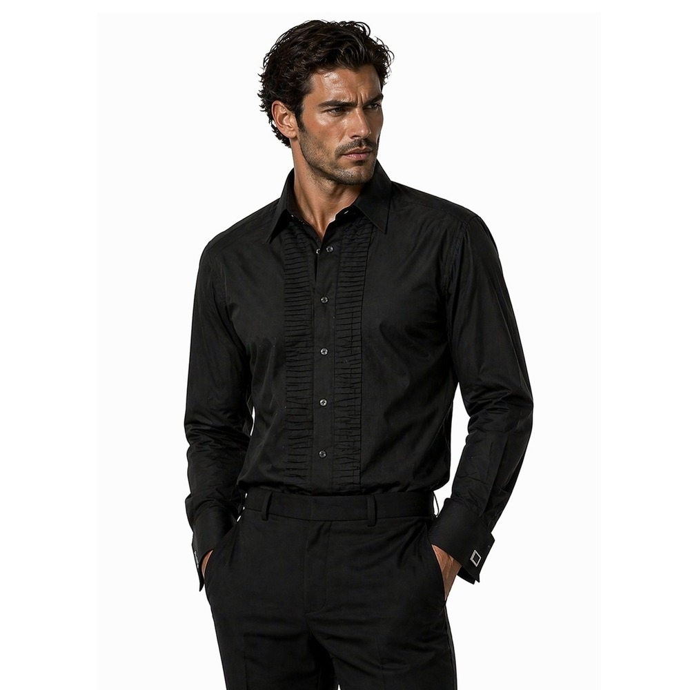 Theory Men's Black Pleated Front Tuxedo Button Down Shirt French Cuff L